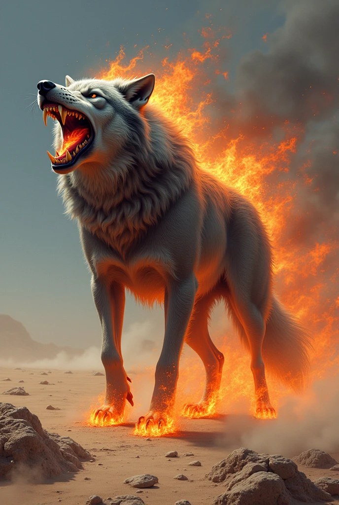 Angry Gray Wolf on Fire in the Desert