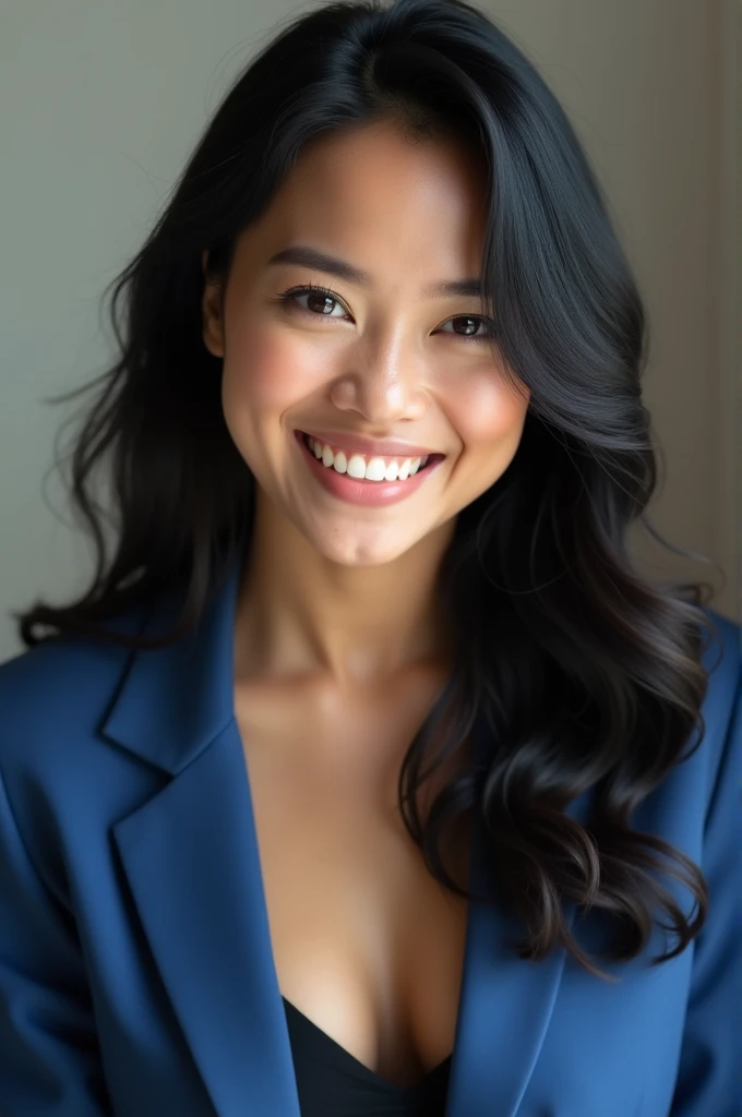 Photography of Agnes Mo and Indonesian singer, Indonesian girl, 1, (masterpiece), Javanese skin tone, best quality, expressive eyes, perfect face, (ultra realistic), (blue Formal Suit), Smile, Long Black Hair, innocent face, natural wavy hair, brown eyes, High resolution, masterpiece, Best quality, intricate high detail, highly detailed, focus sharp focus, detailed skin, realistic skin texture, texture, detailed eyes, professional, 4K, charming smile, filmed on Canon, 85 mm, shallow depth of field, Kodak Vision Color, perfect fit body, Extremely detailed, photograph_\(ultra\ ), photoreallistic, Realstic, Post-processing, Maximum details, roughness, real life, ultra realist, photorealism, photography, 8K UHD, photography