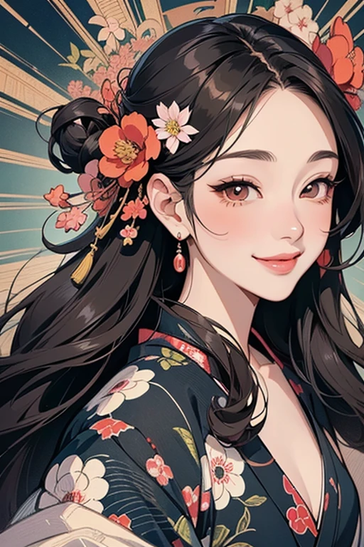 A beautiful woman smiles and shows her upper white teeth、Vividly colored Japanese Ukiyo-e style illustrations、SeaArt creates stunning illustrations of beautiful women in kimono、Brown-black long hair、Beautiful full body style、Beautiful digital illustrations、Beautiful digital painting, Bright vibrant anime art, Detailed digital anime art,  Beautiful anime portraits