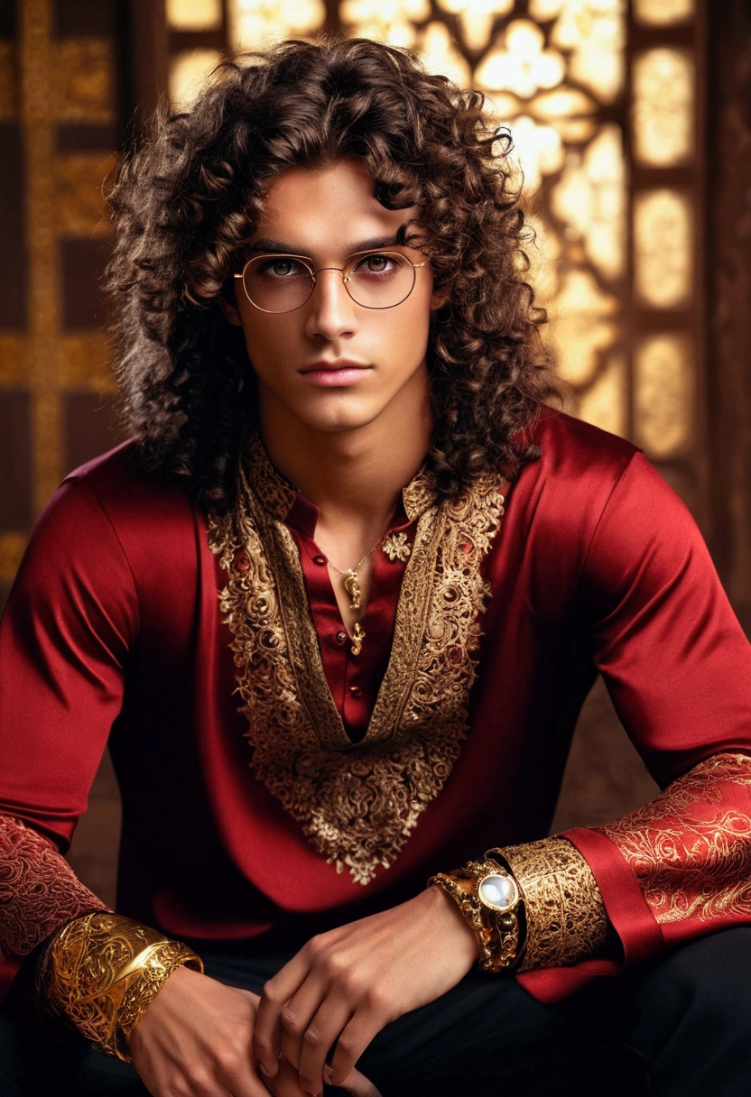 Dark brown long hair fluffy and curly, amber colored eyes, A tanned young man, Clean-shaven face, red blouse with wide sleeves and gold patterns, tight pants, стилистика dark fantasy. gold jewelry, rings, glasses with dark lenses.
