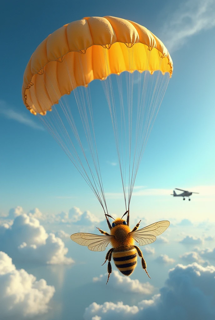 A bee parachuting out of a plane