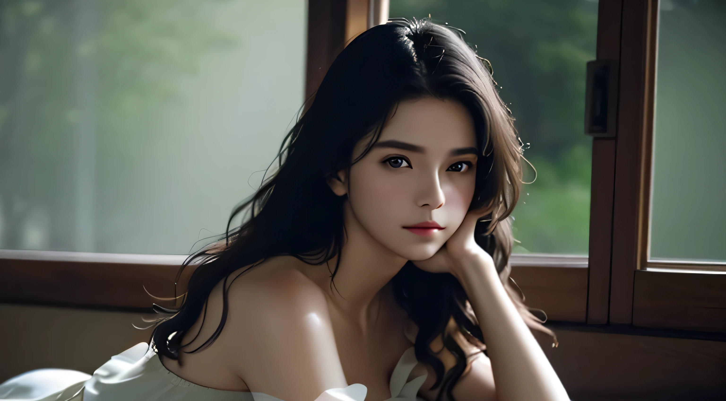Cinematic portrait photography, 1girl, bare shoulders, wavy shoulder-length hair, serene, calm, (realistic detail eyes, natural skin texture, realistic face details), soft dramatic lighting, depth of field, bokeh, vibrant detail, fine detail, surreal, 35mm film, hazy blur, film, big breasts, cleavage, stockings