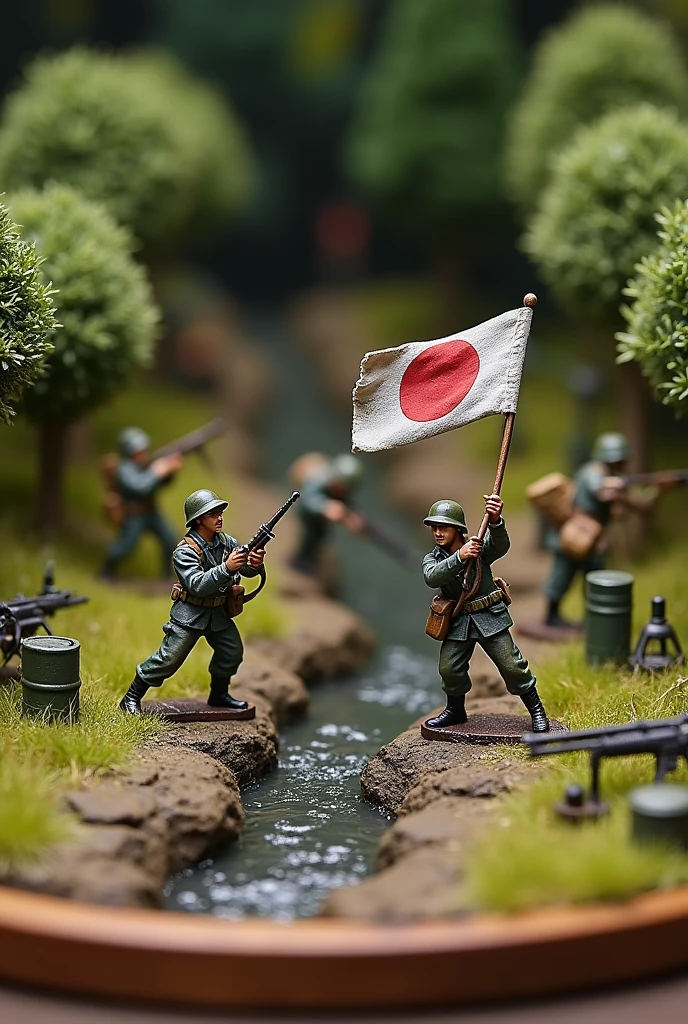 Army miniature diorama on the Wooden base/lining. There's Malaysian army and japanese army, There is a ditch there . Do it From the top view, There is oil gas as decoration along with trees and grass. Make sure one of the japanese army Hold the old japanese flag, japanese army only. Make it more specific . More and more specific . They're fight , more specific!