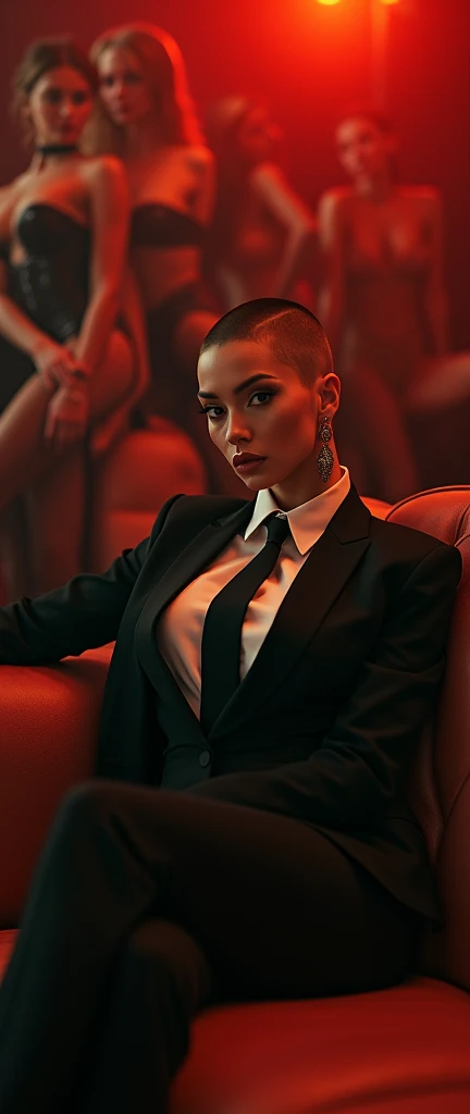 a stylish woman with buzzcut in a suit and tie reclining while laying all ontop of multiple girls laying around her their legs visible in the frame, fashion,elegant,glamorous posture studio light glowing warm on her face (best quality,4k,8k,highres,masterpiece:1.2),ultra-detailed,(realistic,photorealistic,photo-realistic:1.37),HDR,UHD,studio lighting,ultra-fine painting,sharp focus,physically-based rendering,extreme detail description,professional,vivid colors,bokeh,portrait,high fashion,elegant,glamorous,cinematic,dramatic lighting,moody,mysterious,sensual,sophisticated