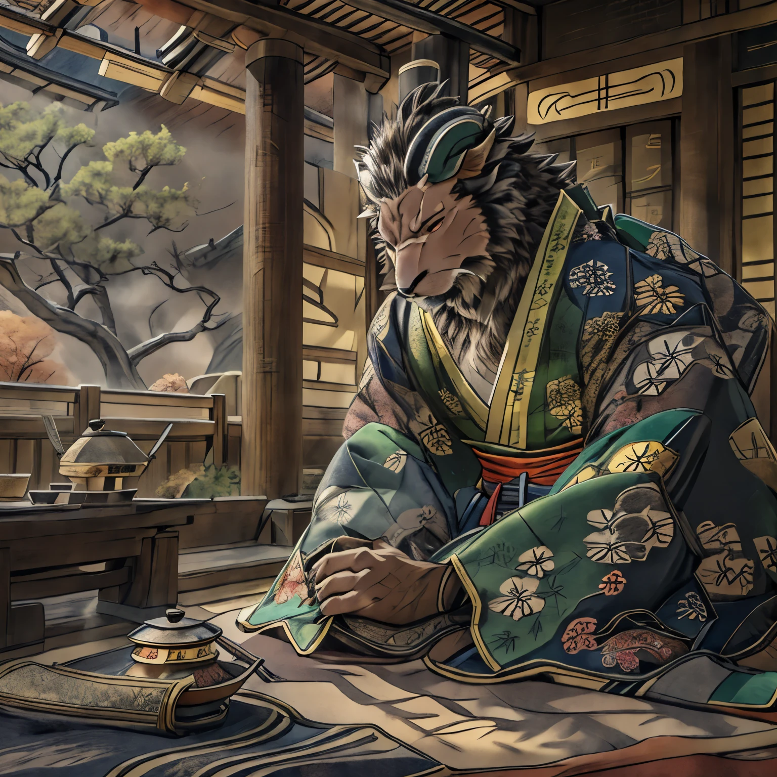 A detailed, intricate Japanese tea ceremony, a Japanese emperor warrior sitting on a tatami mat, the emperor drinking tea, hieroglyphic symbols in the background, (best quality,4K,8k,highres,masterpiece:1.2),ultra-detailed,(realistic,photorealistic,photo-realistic:1.37),extremely detailed tea set, highly ornate kimono, stoic facial expression, ornate headdress, ornate sword, traditional Japanese architecture, warm lighting, dramatic shadows, calming atmosphere, beautiful pagoda, Shinto temple, detailed architecture, intricate wooden structure, ornate roofs, traditional japanese style, lush green foliage, tranquil pond reflection, golden sunlight, mist and fog, serene atmosphere, a beautiful japanese landscape with sakura trees in full bloom, pagodas and traditional japanese architecture, detailed, highly detailed, intricate details, masterpiece, award winning, vivid colors, stunning light,8k, sharp focus,detailed portrait of japanese emperor in ornate kimono, elegant warrior emperor with stern expression, holding traditional katana sword, intricate textile patterns, dramatic lighting, clair obscur, cinematic composition, highly detailed, photorealistic, 8k, HDR, hyper detailed, masterpiece, exquisite face, angular jawline, finely detailed eyes and face,face portrait from an anthro male beast, color graded portra 400 film, remarkable color, ultra realistic, textured skin, remarkable detailed pupils, realistic dull skin noise, visible skin detail, skin fuzz, dry skin, shot with cinematic camera, high quality photography, Canon EOS R3, smooth,sharp focus,high resolution,award winning photo, 80mm, f2.8, bokeh, face close, finely detailed eyes and face, physique exudes strength and power, face portrait from an anthro male beast, detailed fur, realistic fur, animal fur, thick fur, shaggy character, animal, (Highest quality, 32K High Resolution:1.2, Very detailed, Realistic, photoRealistic, masterpiece,), Official Art, Full Body View, male, good looking, Majestic Beast, Dark sienna brown fur, Black Mane, Leonhard, Muscular body, Crimson Eyes, Serious look , Small ears, Curved black horns, Long upper jaw crab teeth