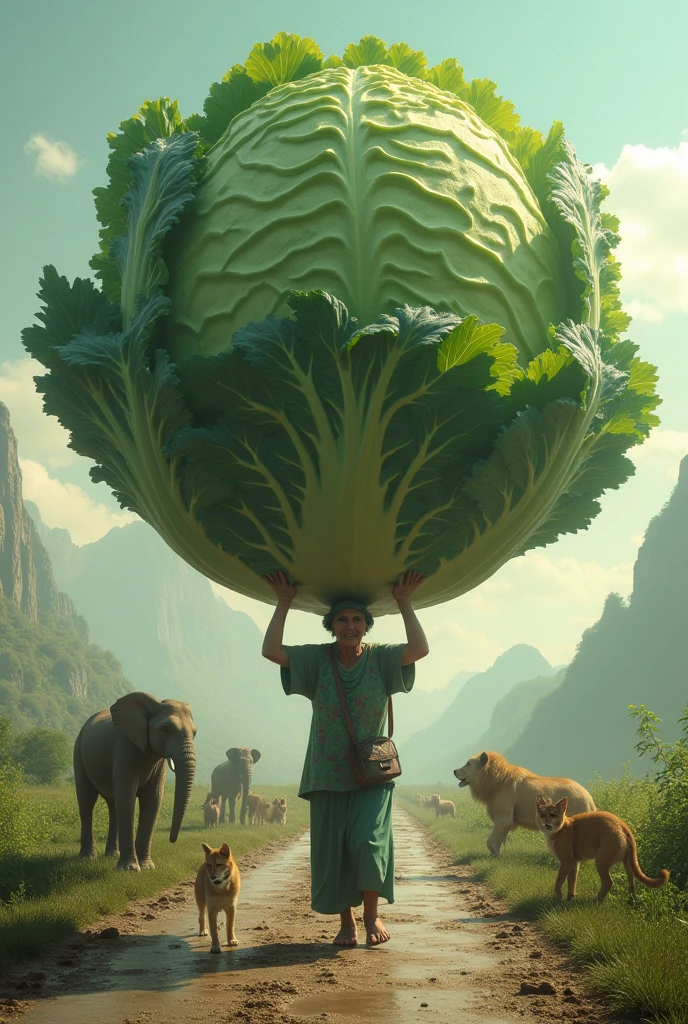 A 120 year old woman is walking on the road. A 1000 kg cabbage is placed on her head. It is open and inside this cabbage is Allah and above it is Allah and above it all the living are flying. An elephant is coming towards her.