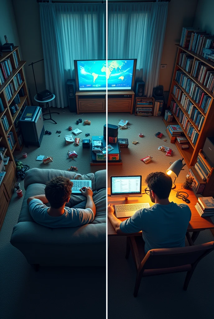 (photorealism:1.2) comparison of a lazy man binge watching and a productive man studying and working