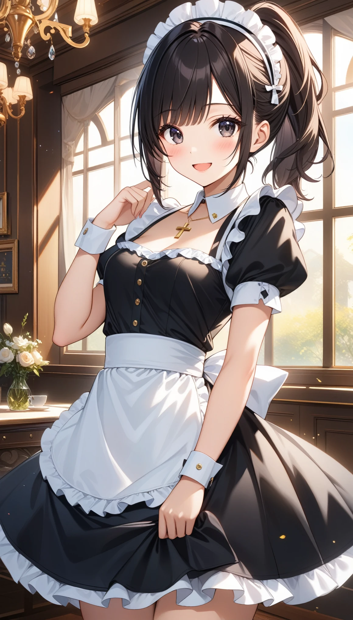 1girl, solo, breasts, looking at viewer, blush, smile, open mouth, bangs, black hair, dress, jewelry, standing, ponytail, short sleeves, :d, cowboy shot, small breasts, frills, puffy sleeves, indoors, hand up, necklace, black eyes, apron, black dress, puffy short sleeves, wrist cuffs, maid, maid headdress, window, frilled dress, cross, waist apron, white apron, maid apron, frilled apron, cross necklace, dress tug, chandelier, ((32k)), ((best quality)), ((ultra high res)), ((HDR)), ((UHD)), ((extremely detailed CG)), ((unity 32k wallpaper)),