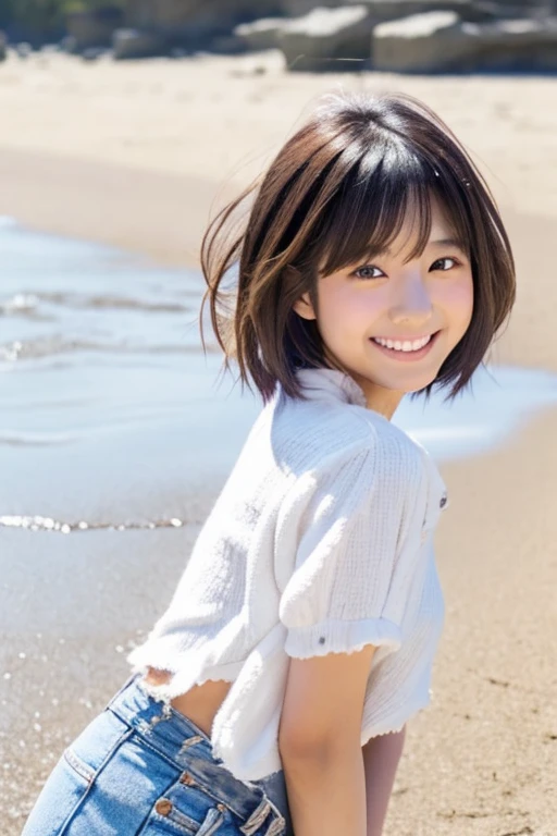 1 japanese woman, short hair, wearing white tunk top, short denim, at beach, cowboy shot, smile