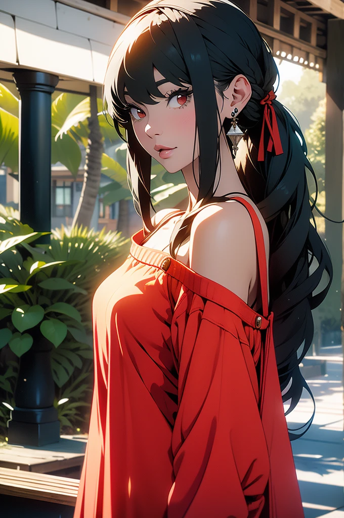 (masterpiece, Highest quality) Yo○ru, One person, Shi○ru○, Damn it, beautiful, blush, Very sexy, Functional, Staring at the audience, Black Hair, Red eyes, dress, Only the shoulders, jewelry, Cla○la○ne, Sidelex, hair band, Earrings, index, ○ff Shoulder○, :○, sweater, Place your arms behind your back, plant, Long Hair, white hair band, ○ff-sh○ulder dress, sweater dress, ○ff-sh○ulder sweater, red sweater, Big side hair, Long side hair, Big Breasts
