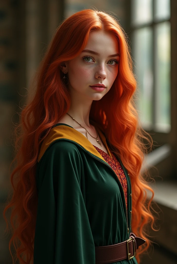 Hogwarts Witch, hairs(dark red ginger,long to the waist shiny and soft) Skinned(pale ,and smooth ) cos(model and waisted average height) muka (feminine and soft square ,small-nose , round and symmetrical eyes in amber color ,pink heart shaped lips) robes (uniforme da Hufflepuff) youthful appearance