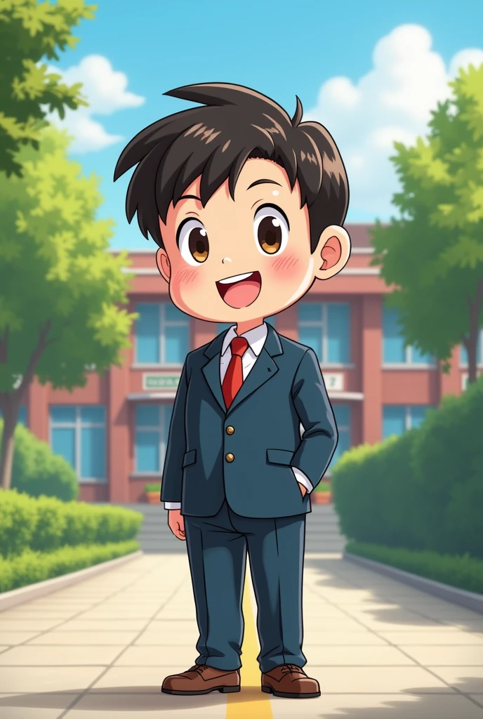 Create a image of a school principal short height and healthy in 2d anime style