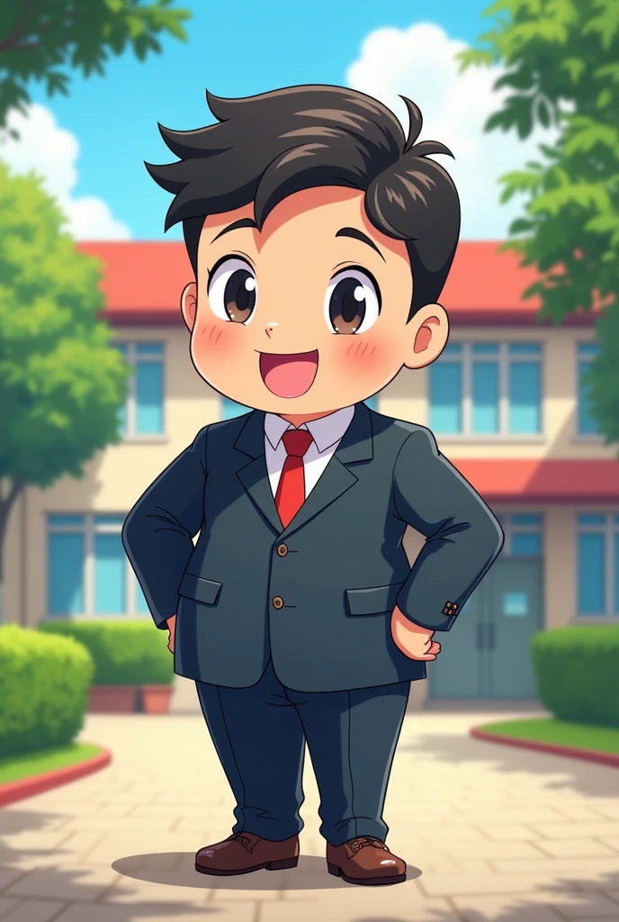 Create a image of a school principal short height and healthy in 2d anime style