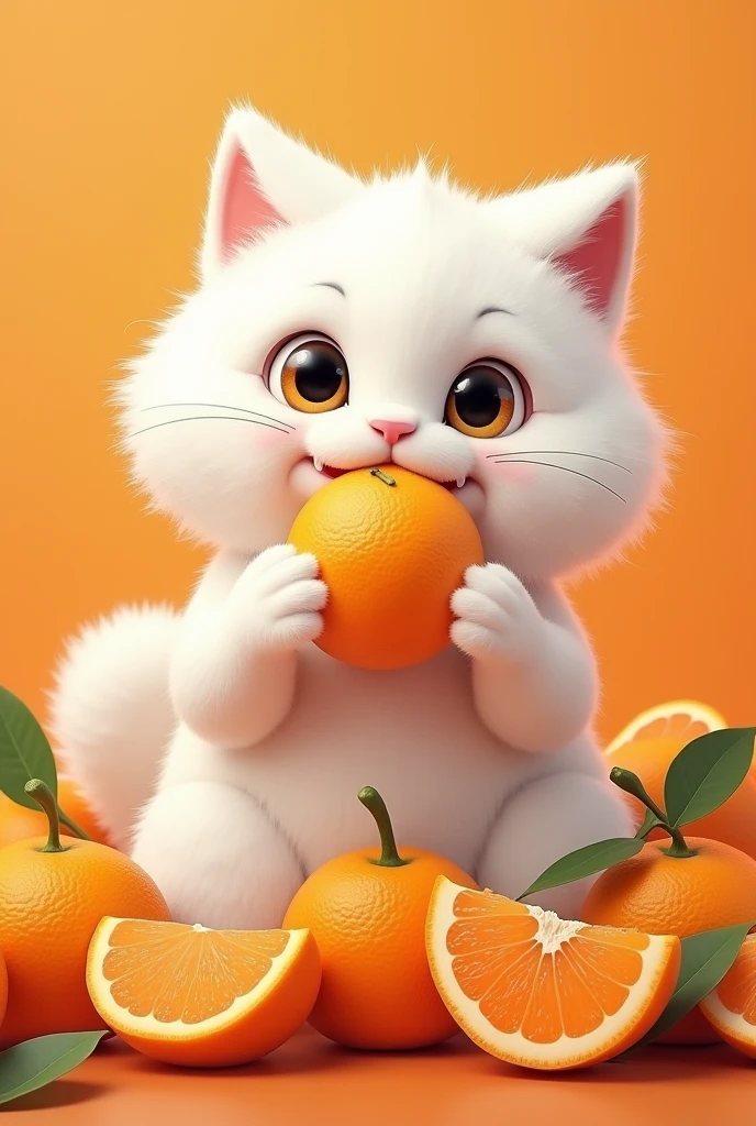 White fluffy cat in tangerines, who eats tangerines, with the inscription Murza