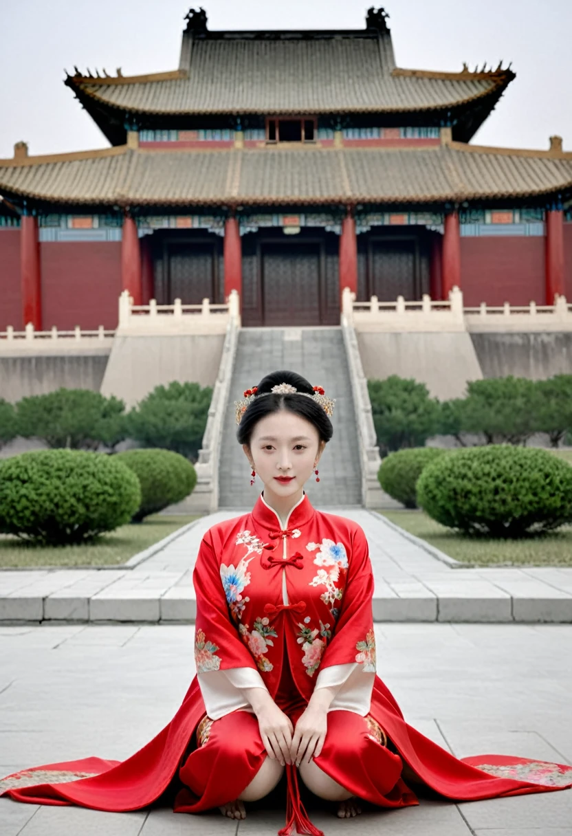 Empress of the Qing Dynasty, A nude woman wearing a red floral Hanfu jacket, Squat down with your legs wide apart, Front view, Outside the Qing Dynasty Palace