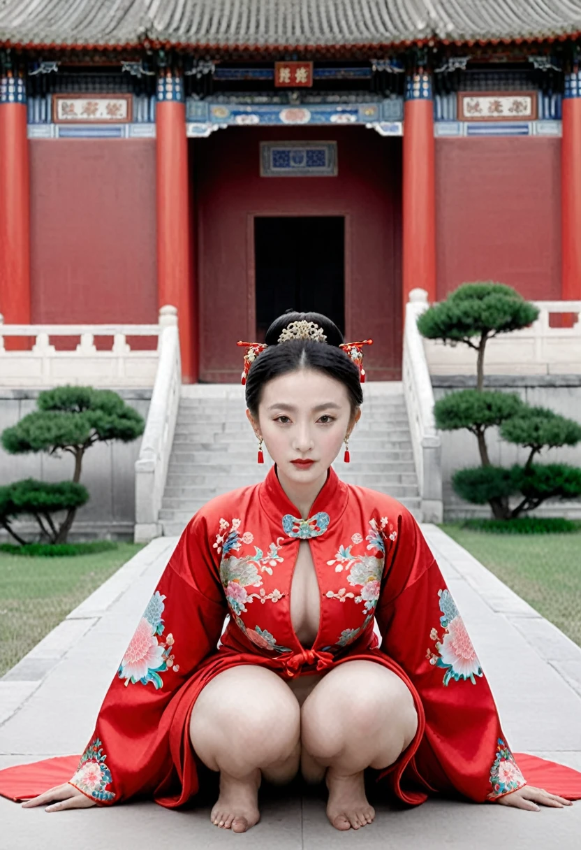 Female emperors of the Qing Dynasty, A naked woman wearing a red floral patterned Hanfu jacket, crouching with her legs open, seen from the front, Outside the Qing Dynasty Palace