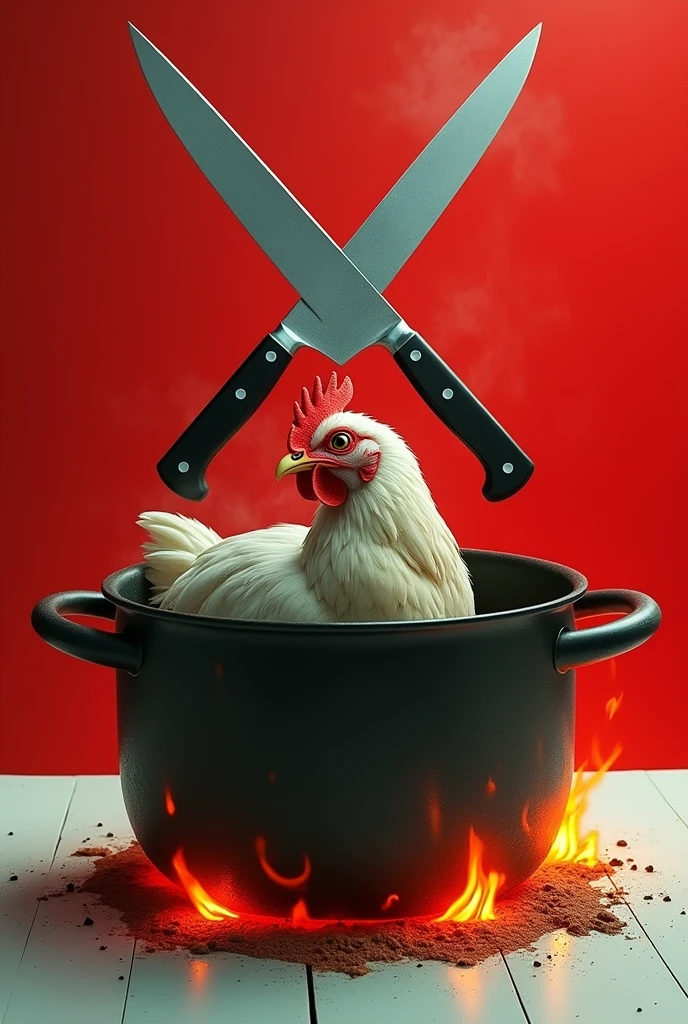 A red and white background, a pot with a fire underneath and a live chicken inside the pot, a crossed two knifes on the top
