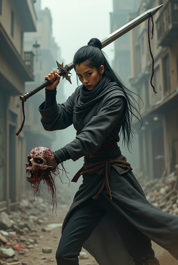 Chinese female assassin with face uncovered beheads zombie