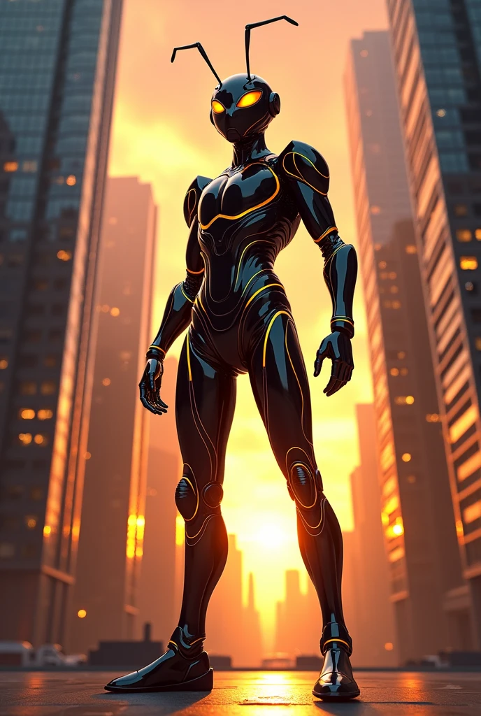 Ant standing in glossy super suit between buildings during sunset.