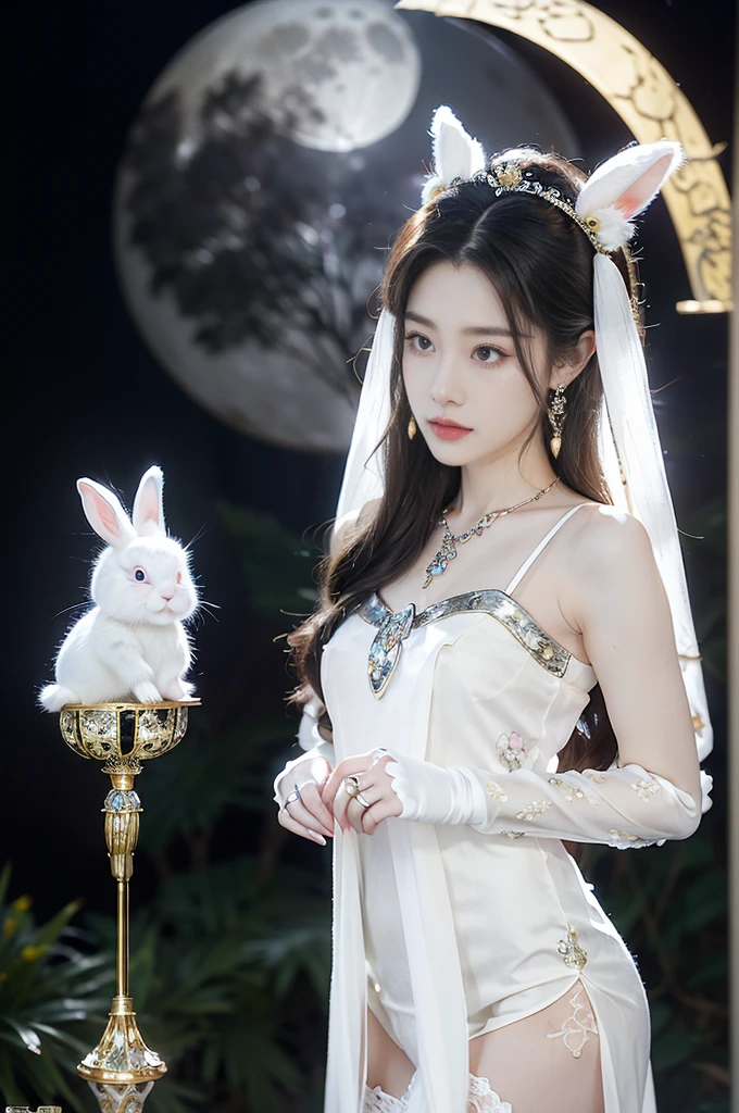 (((best quality))),(((ultra detailed))),(((masterpiece))),illustration,((1 beautiful girl,fairy,Chang'e,solo)),(long straight bob:0.8),((earrings,necklace)),((slim,thin)),((small breasts,flat chest)),(magnificent white Chinese sheer dress:1.3),(stockings:1.3),((moon,Mid-Autumn Festival)),(standing:1.3),(on the moon:1.3),(in luxurious crystal palace:1.3),face bright,exquisite patterns,gold and silver threads,charming,hair accessory,silver hairpin,gemstones,brilliance,luxurious decorations,gold and silver jewelry,transparent windows,crystal balls,gemstone towers,bright moonlight,mysterious and beautiful,enjoy,story of Chang'e,fairyland,(night scene:1.3),((from front,upper body)),(a white toy rabbit:1.5)