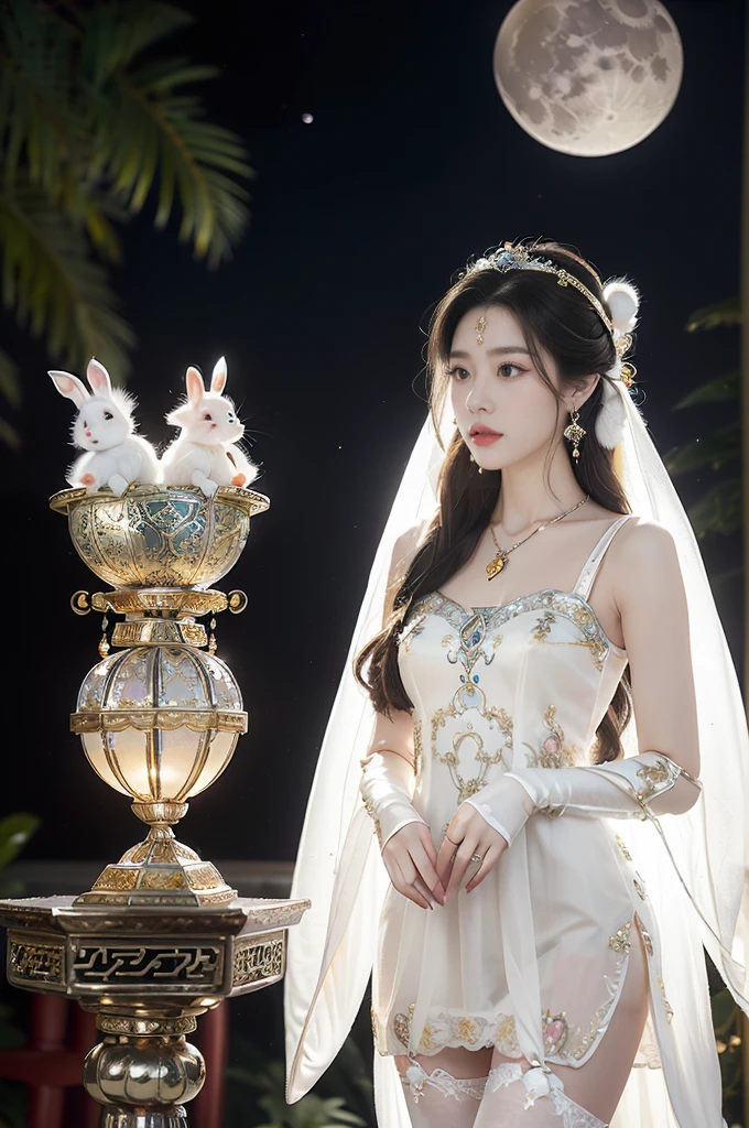(((best quality))),(((ultra detailed))),(((masterpiece))),illustration,((1 beautiful girl,fairy,Chang'e,solo)),(long straight bob:0.8),((earrings,necklace)),((slim,thin)),((small breasts,flat chest)),(magnificent white Chinese sheer dress:1.3),(stockings:1.3),((moon,Mid-Autumn Festival)),(standing:1.3),(on the moon:1.3),(in luxurious crystal palace:1.3),face bright,exquisite patterns,gold and silver threads,charming,hair accessory,silver hairpin,gemstones,brilliance,luxurious decorations,gold and silver jewelry,transparent windows,crystal balls,gemstone towers,bright moonlight,mysterious and beautiful,enjoy,story of Chang'e,fairyland,(night scene:1.3),((from front,upper body)),(a white toy rabbit:1.5)