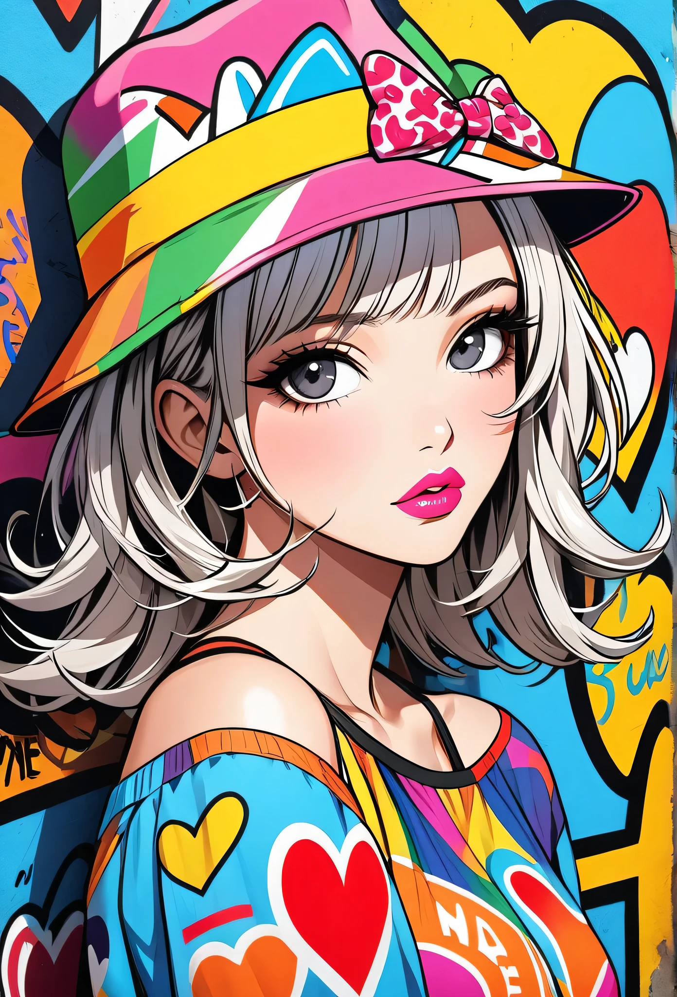 Ultra-realism Keith Haring colorful style, Simple Line Initialism,Abstract art,(((The most beautiful girl of all time))), Sweet face. Lips in love, colorful hearts, stylish design, Summer beach fashion, Dark Eyes, Graffiti on the wall