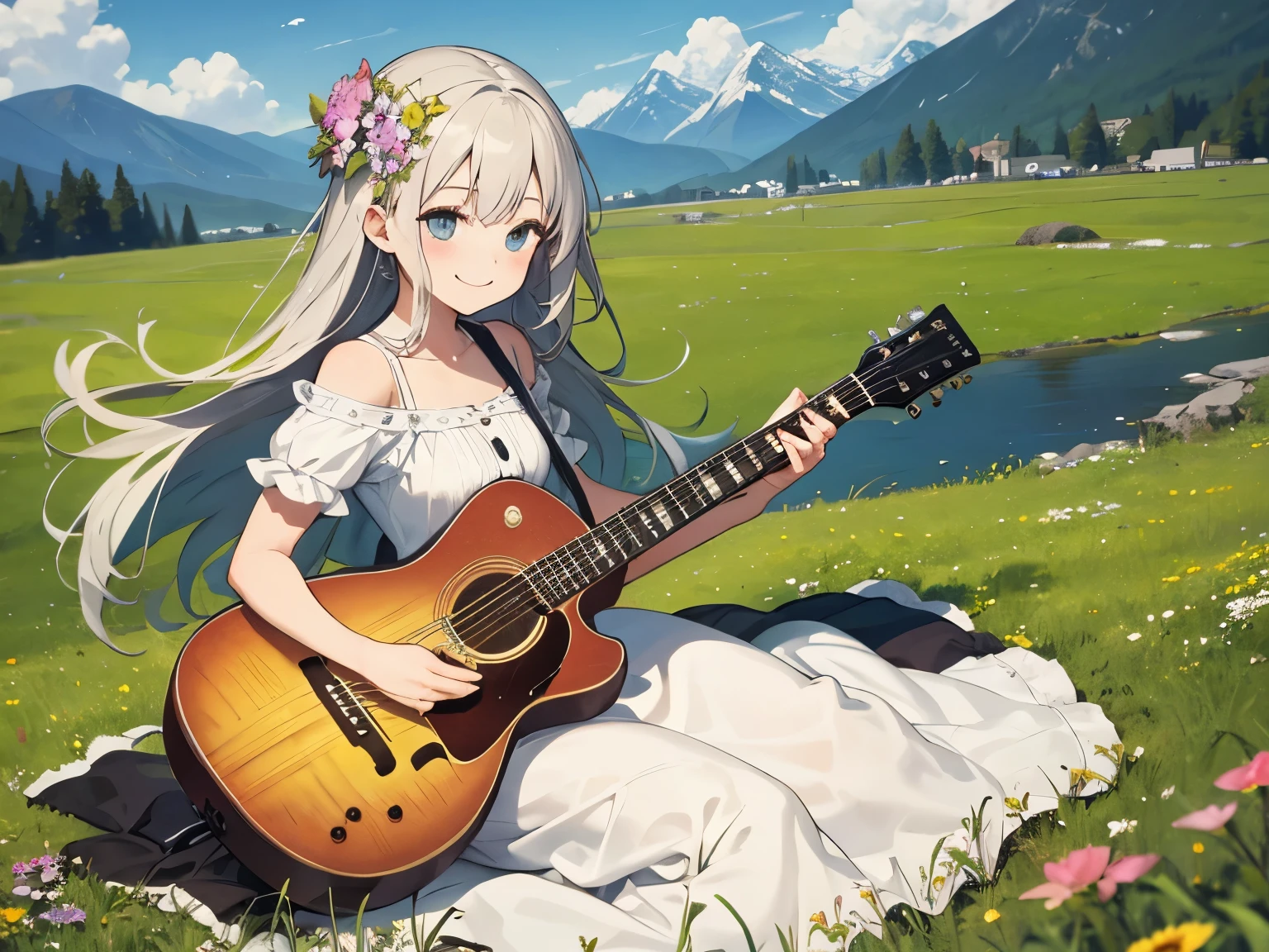 Cute 1, Guitar playing, smile, slim, dress, Outdoor, Originally, Mountain々, grassland, Flowers, null, Floating Hair