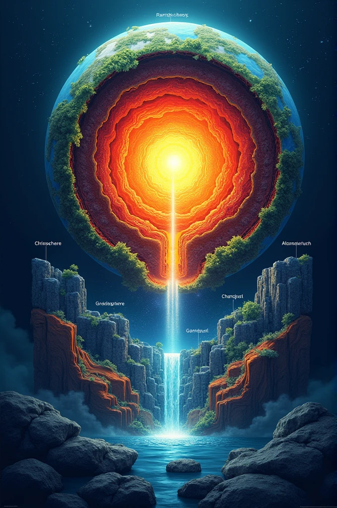 Visual Concept
The poster would be a layered, vertically oriented design that showcases a journey from the Earth's core at the bottom to the atmosphere at the top. Each section along the way would highlight different elements mentioned in the slogan:
Bottom Section (Earth’s Core):
Visual: A glowing, fiery depiction of the Earth’s core, with gradients of red, orange, and yellow. This section would blend into the mantle above it.
Details: Text or icons representing intense pressure, heat, and the dynamic nature of the core.
Middle Sections (Crystals to Rocks):
Visual: Above the core, a diverse array of crystals and minerals transitioning into different types of rocks (igneous, sedimentary, metamorphic). These rocks would be depicted as layers within the Earth’s crust.
Details: The crystals could be illustrated with facets and reflections, while the rocks could show textures and layers, representing the rock cycle.
Upper Middle Section (Water’s Cycle):
Visual: Moving upwards, the poster would show bodies of water (oceans, rivers) with arrows indicating the water cycle: evaporation, condensation (clouds forming), precipitation (rain), and infiltration.
Details: Illustrations of raindrops, clouds, and flowing rivers, with subtle arrows to indicate the continuous cycle.
Top Section (Atmosphere and Life's Breath):
Visual: The top of the poster would transition into the atmosphere, depicted with layers of clouds, the blue sky, and possibly the curvature of the Earth from space. Life forms (plants, animals, humans) would be interwoven, showing the connection between air, water, and life.
Details: Images of trees releasing oxygen, birds flying, and a human figure taking a deep breath of fresh air.
Color Palette:
Core: Fiery reds, oranges, and yellows.
Crystals and Rocks: Rich earth tones, including browns, grays, and the vibrant colors of various minerals.
Water Cycle: Blues and whites, with soft gray for clouds.
Atmosphere and Life: Light blues, greens, and soft, airy w