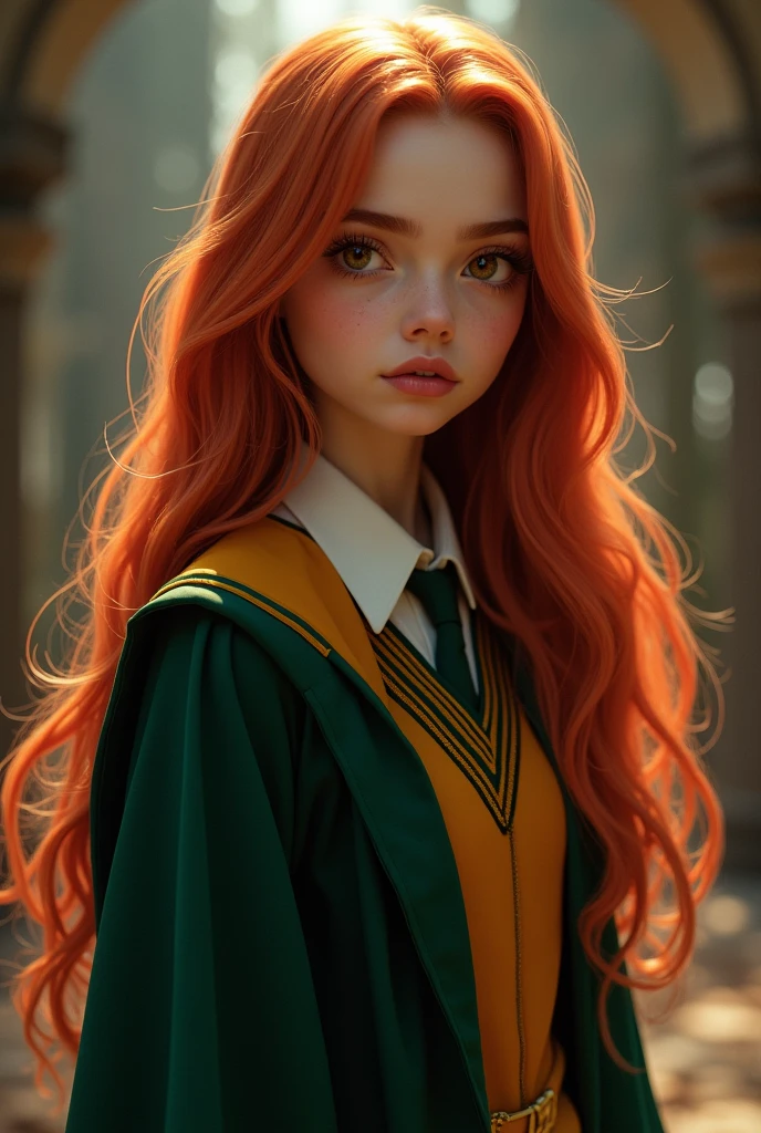 Hogwarts Witch, hairs(dark red ginger,long to the waist shiny and soft) Skinned(pale ,and smooth ) cos(model and waisted average height) muka (feminine and soft square ,small-nose , round and symmetrical eyes in amber color ,pink heart shaped lips) robes (uniforme da Hufflepuff) youthful appearance