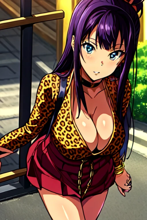 perfect eyes:1.2, detailed eyes:1.4, skindentation,leopard printed thin long sleeve one piece with v neck cleavage ,Skirt type one piece,Blue eyes, Purple hair, ((blunt bangs)), twin tail,Bare neck, 20yo, Young female, Beautiful Finger, Beautiful long legs, Beautiful body, Beautiful Nose, Beautiful character design, perfect balance, 1girl, solo, (masterpiece:1.6, best quality), 8k, insane details, intricate details, hyperdetailed, hyper quality, high detail, ultra detailed, professional, HDR, ray tracing reflection, cinematic lighting,Cleavage,Busty,Big breast,ear piercing,multistrand Love shaped necklace,Half eyes open,Eyeshadow,Thick lips,Bracelet,Long nail,Ring,black color Chocker,Gyaru,flashy heart shaped earring,outside,((carrying chain Leopard print purse bag)),1hand on hips,Face fully viewed,view from afar,Sitting in bench waiting with crossing leg,Monocolor outfit