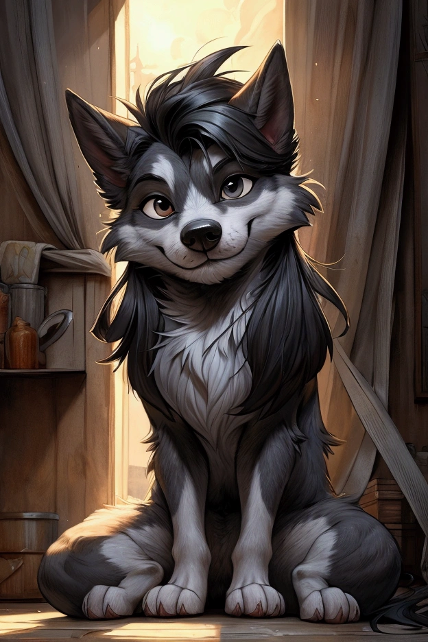 there is a dog cartoon charater in disney style that is sitting on the floor in the room, scruffy looking, looking straight to camera, by Romain brook, by Emma Andijewska, looking straight to the camera, selfie of a dog, his hair is messy and unkempt, retired barney, cute furry needs your help, portrait zeus, by Petr Brandl, looking smug