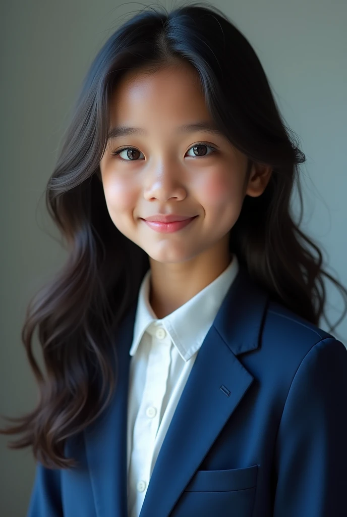Indonesian girl, 1, (masterpiece), Javanese skin tone, Agnes Mo, best quality, expressive eyes, perfect face, (ultra realistic), (blue Formal Suit), Smile, Long Black Hair, innocent face, natural wavy hair, brown eyes, High resolution, masterpiece, Best quality, intricate high detail, highly detailed, focus sharp focus, detailed skin, realistic skin texture, texture, detailed eyes, professional, 4K, charming smile, filmed on Canon, 85 mm, shallow depth of field, Kodak Vision Color, perfect fit body, Extremely detailed, photograph_\(ultra\ ), photoreallistic, Realstic, Post-processing, Maximum details, roughness, real life, ultra realist, photorealism, photography, 8K UHD, photography