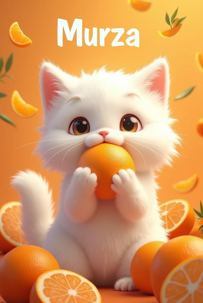 White fluffy cat in tangerines, who eats tangerines, with the inscription Murza