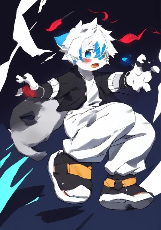 White male cat,Handsome Fengjun,White hair,blue eyes,White pants,Black shirt,Cast red magic,Serious expression