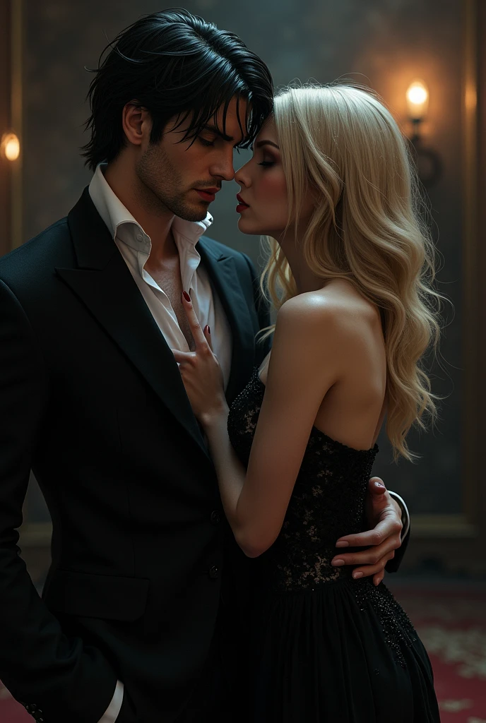 In a dark bedroom, A tall muscular man with dark blonde hair in a black suit dangerously leaning over a strawberry blonde hair girl with red lips and wear long black gown and hide knives on her mid thigh. The man held a knife at her throat. Both are standing.