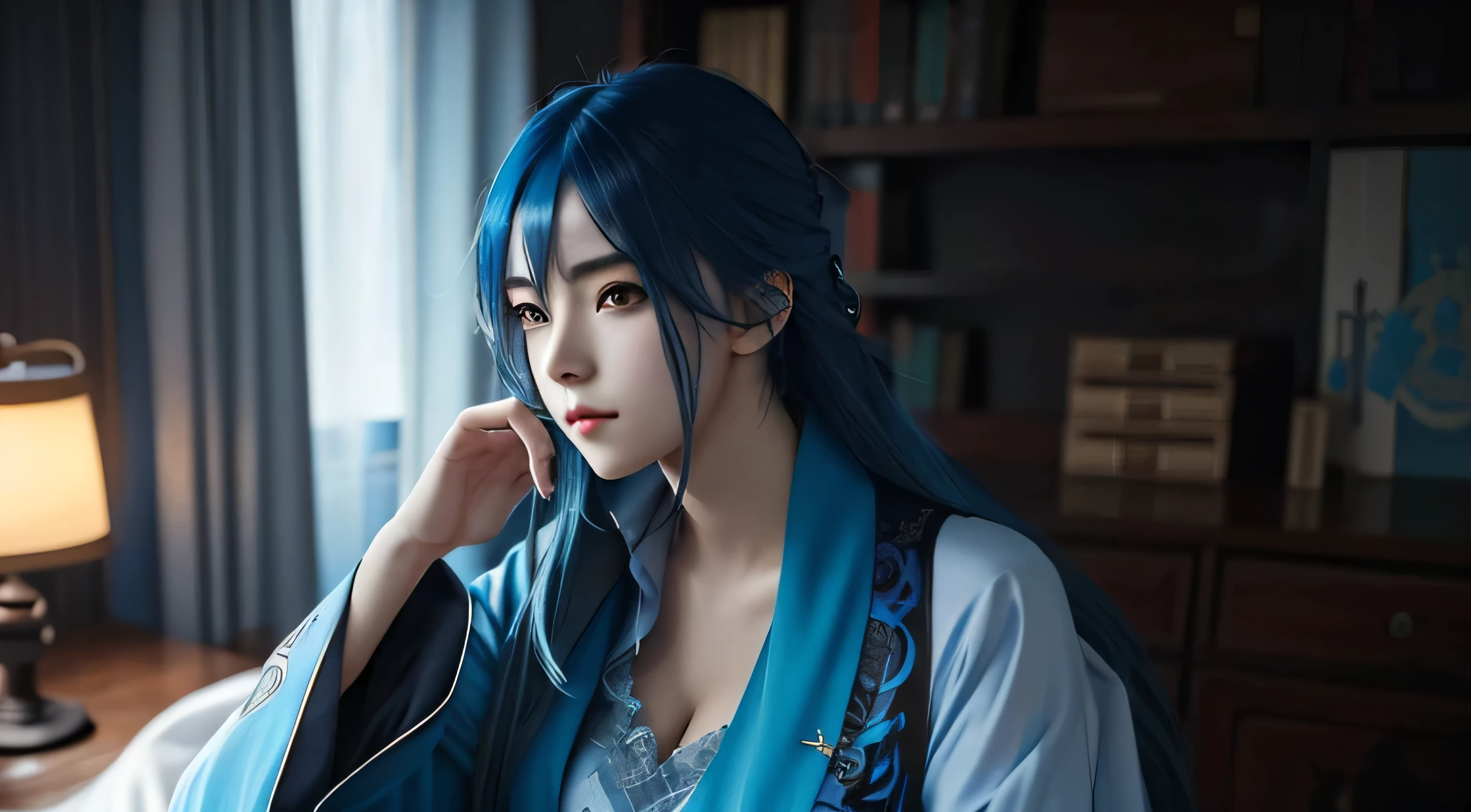 There is a blue-haired woman, Guweiz style art, Guweiz, beautiful character painting, Guweiz in ArtStation Pixiv, Guweiz in Pixiv ArtStation, stunning anime face portrait, beautiful digital art, Wlop Rossdraws, Guweiz Masterpiece, detailed digital anime art  