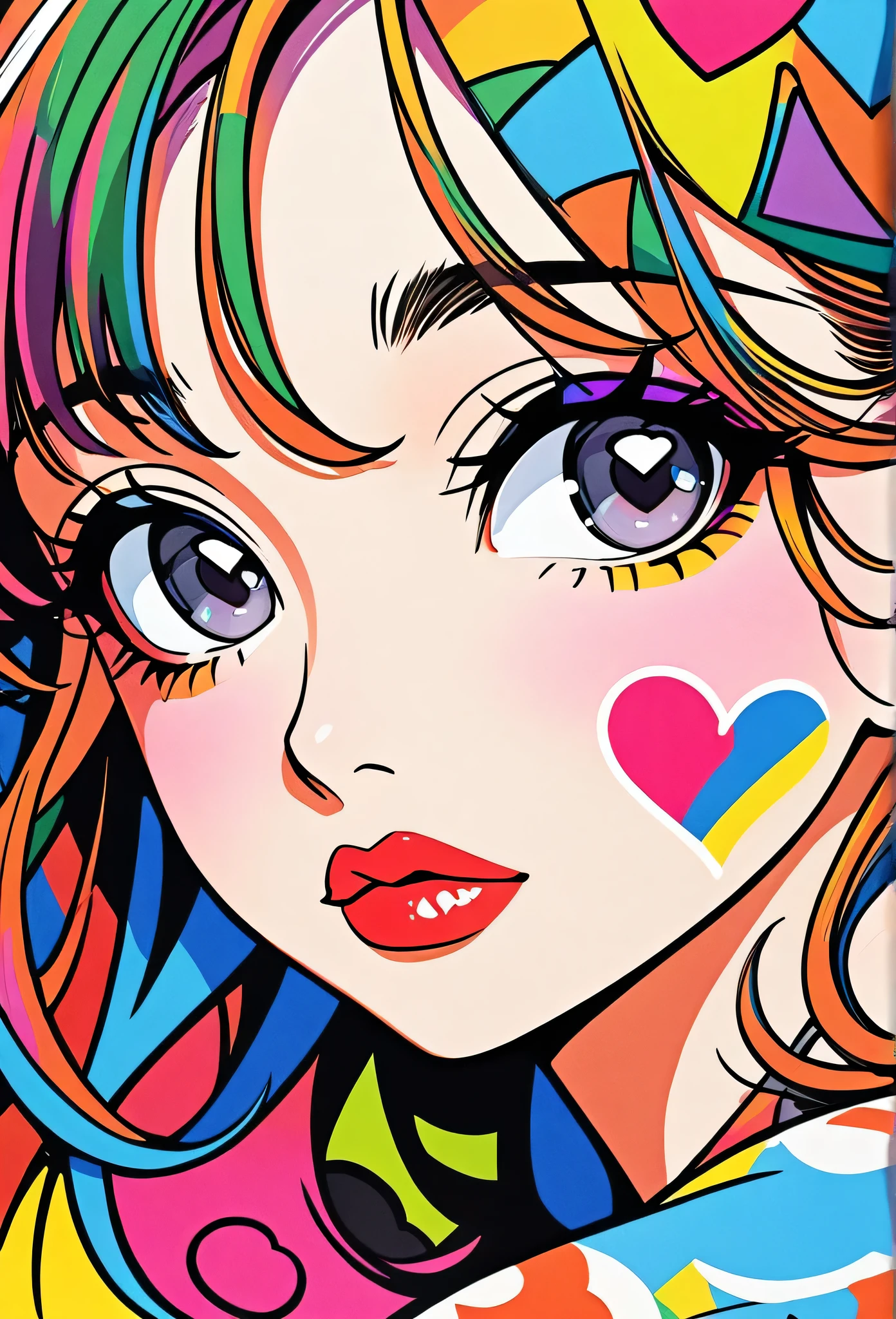 Ultra-realism Keith Haring colorful style, Simple Line Initialism，Abstract art，(((The most beautiful girl of all time))), Sweet face. Lips in love, colorful hearts, stylish design, Summer beach fashion, Dark Eyes, Graffiti on the wall