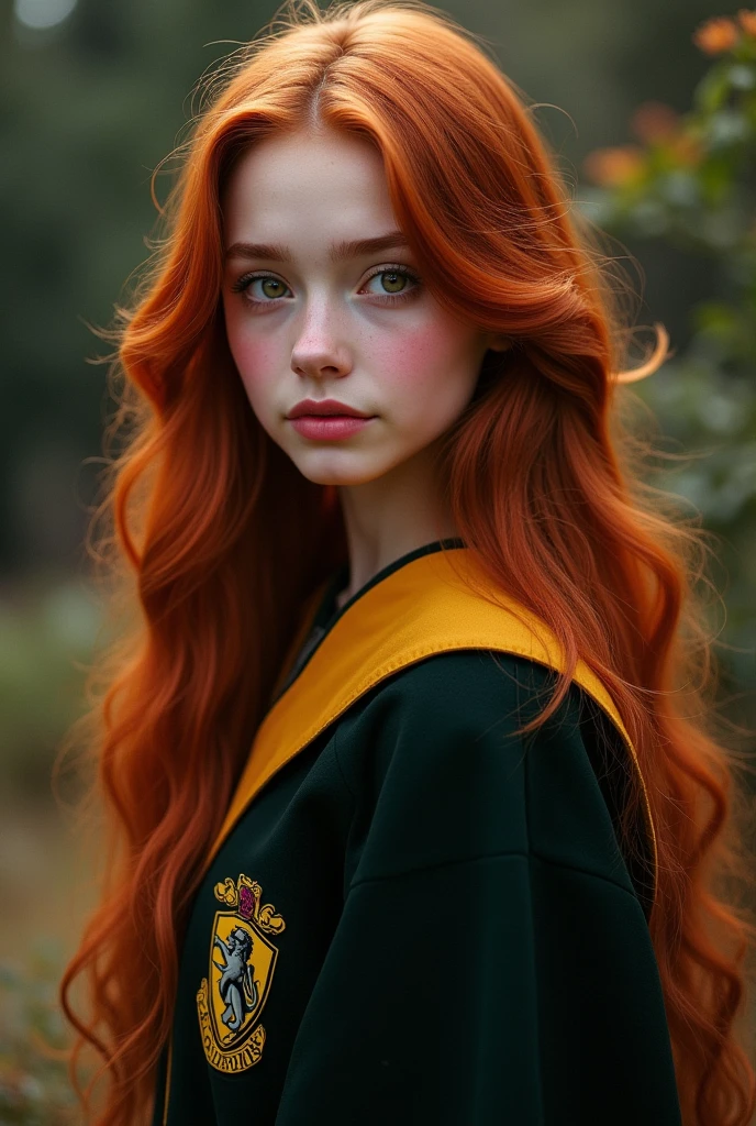 Hogwarts Witch, hairs(dark red ginger,long to the waist shiny and soft) Skinned(pale ,and smooth ) cos(model and waisted average height) muka (feminine and soft square ,small-nose , round and symmetrical eyes in amber color ,pink heart shaped lips) robes (uniforme da Hufflepuff) innocent youthful appearance