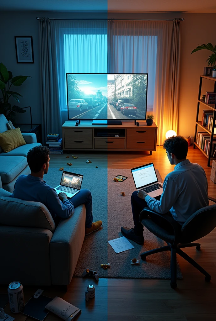 (photorealism:1.2) comparison of a lazy man binge watching and a productive man studying and working