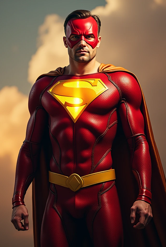 a man dressed in a superhero outfit, red and yellow clothes, with a brown cover and a drawing of a meteor with a photo trail on the chest, red and yellow mask