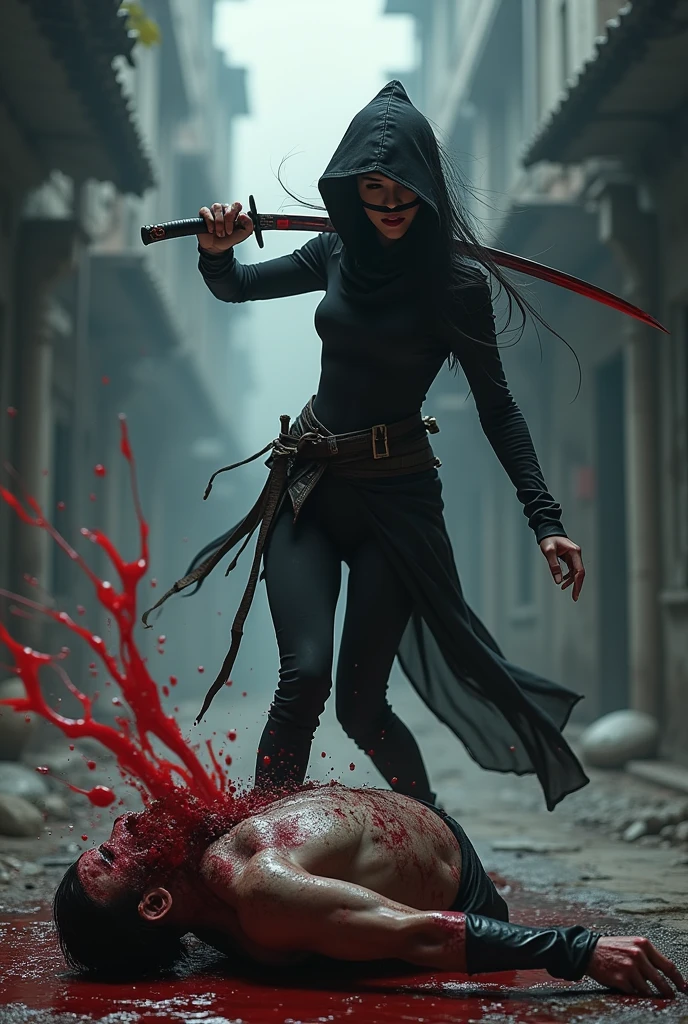Chinese female assassin wearing a mask and no headgear beheads zombie