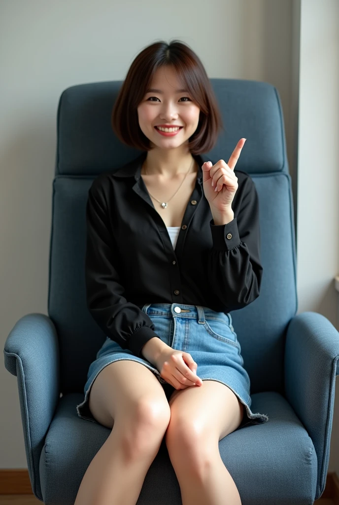 (masterpiece:1.2,8k, raw photo, ultra quality), absurdres, (photo realistic:2), high detail raw color photo,skiny skin, professional photograph,((best quality))、A very beautiful Japanese office lady、Denim mini skirt、dress shirt、skirt lift、White panties、evil grin、smiling at viewer、Please put your feet up、short hair、Gray background、Sit on a chair、index finger raised、Front Light