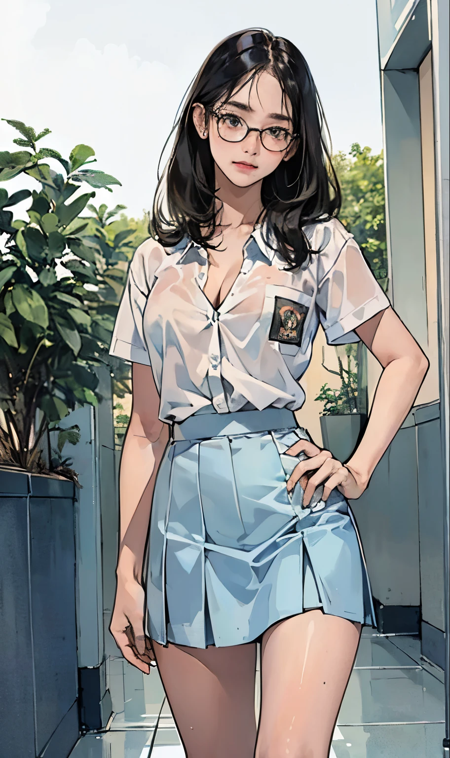 1 girl, (((at park))), (transparent white shirt), (wet shirt), (mini skirt), (pastel blue skirt), RAW photo, (photorealistic:1.37, realistic), highly detailed CG unified 8K wallpapers, 1girl, ((slender body:1)), (small breasts:1.3), looking at viewer, ((straight from front)), (HQ skin:1.2), (clean skin:1.2), 8k uhd, dslr, soft lighting, high quality, film grain, Fujifilm XT3, (full body:0.8) , tokyolagii , (bold glasses), full body in, perfect body, two legs, long legs, (wide waist:1.2), (big tigh:1.3), (deep cleavage:1.2), ((sad)), blushing, school corridor park