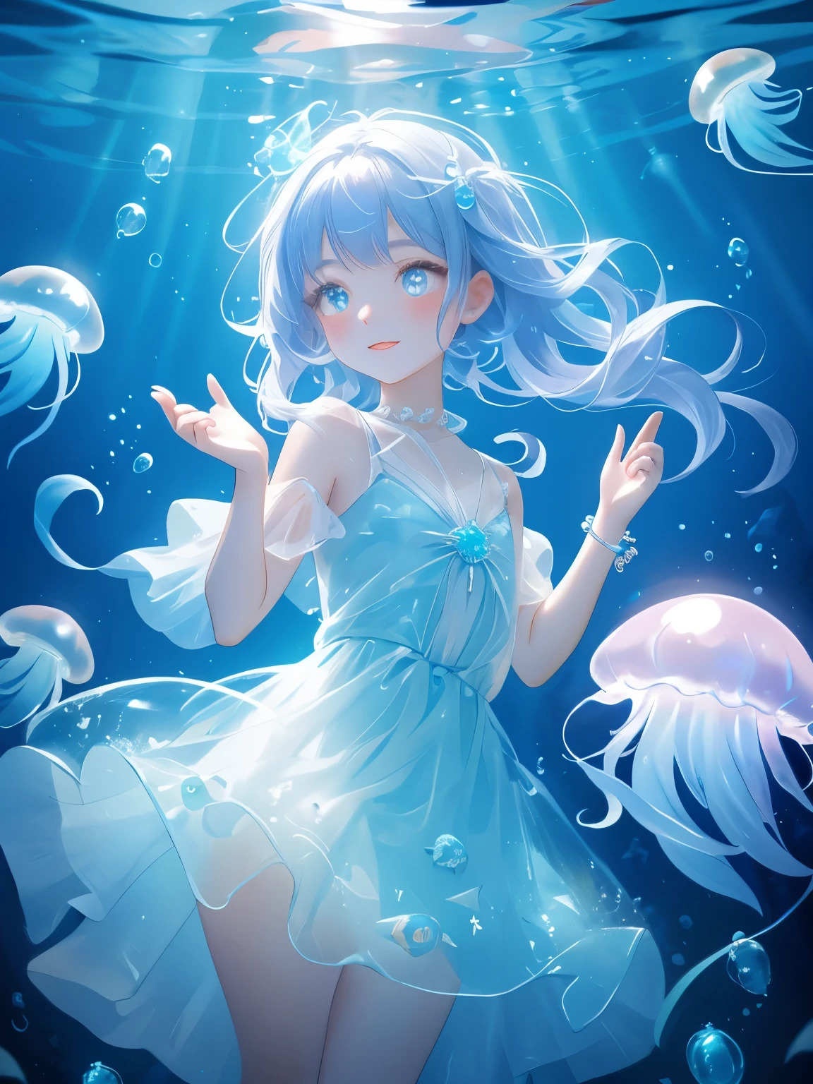 A girl in a dress is standing under the water - SeaArt AI