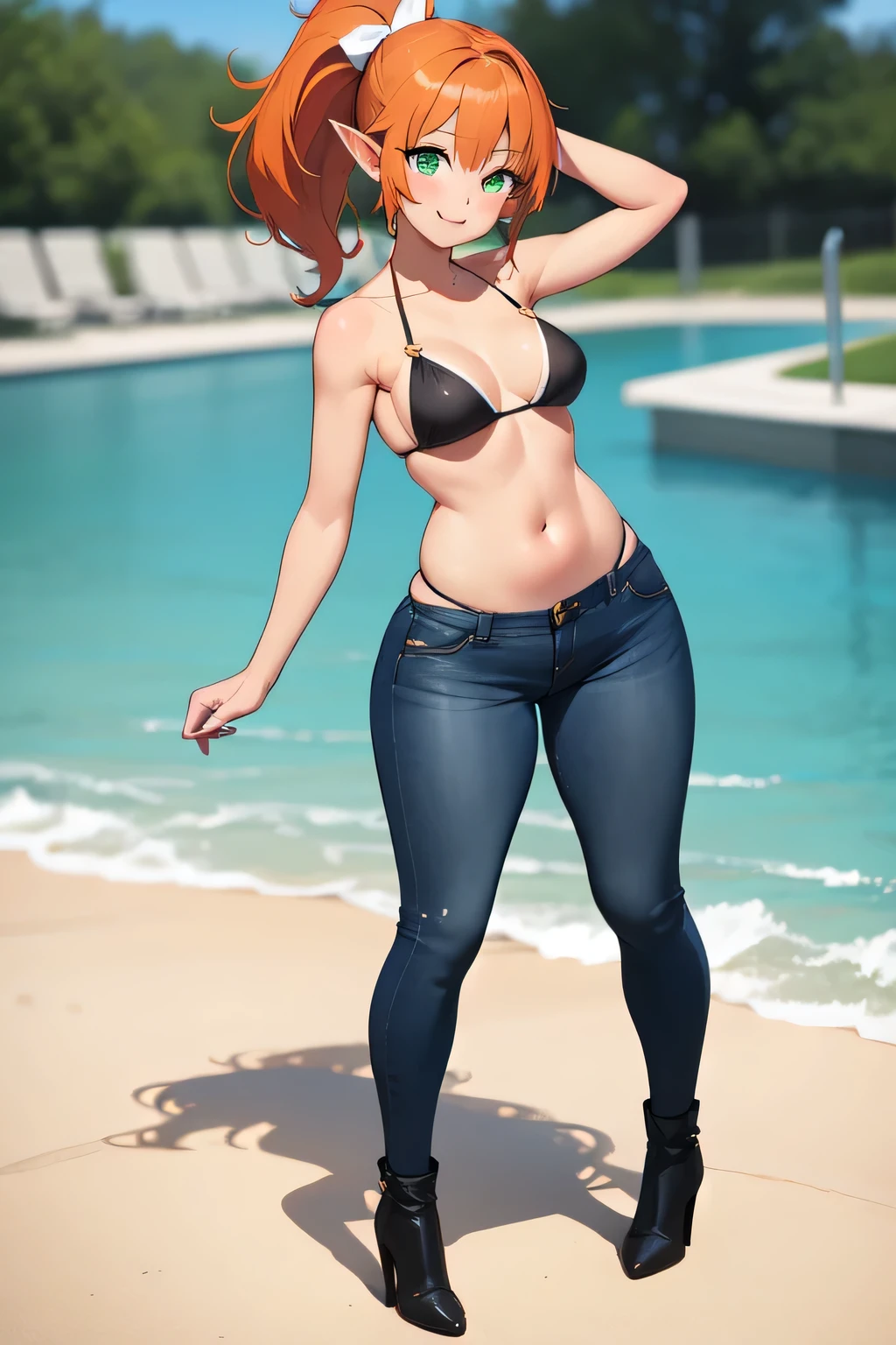 (High definition) (masterpiece), Young elf girl, wide hips, small breasts, slender body, big thighs, beautiful legs, medium orange hair, tanned skin, green eyes, wearing black bikini top, jeans pants, heels boots with ponytail, relaxed pose, smiling, full body