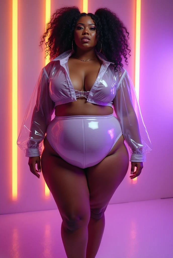 (CherokeeDass × Vixen × Selenis Leyva × Blac Chyna × Megan thee Stallion), Vue arrière d'une femme adulte avec un gros cul, La coiffure est une queue de cheval jumelle, une mini-jupe, une mélanine foncée, des tons principalement lilas et jaune doré, une taille de guêpe concernée , avec beaucoup de pièces gonflables transparentes et des manches bouffantes, physique : (butin : hanches : taille : fesses : ), (focus : 2), tendance sur DynastySeries, couture cellophane, la circonférence des les membres inférieurs dépassent de loin les 200 pouces de hanches et des jambes épaisses, elle a des mesures de hanches massivement immenses et réalistes