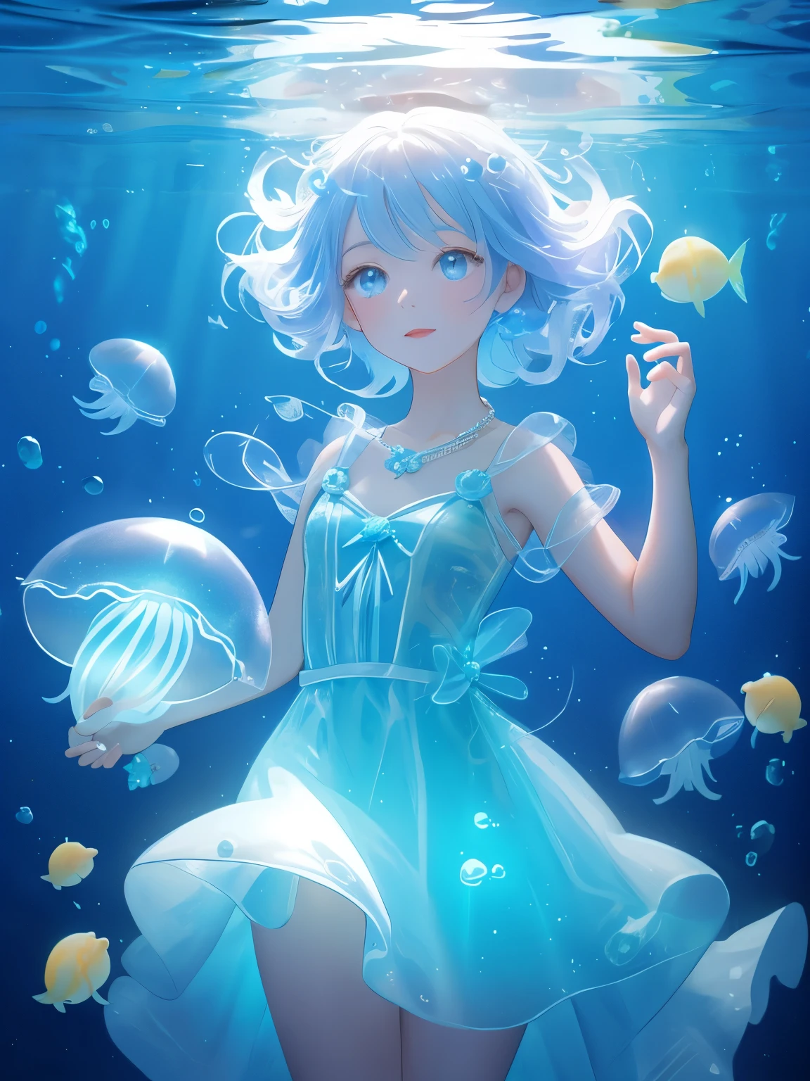 Underwater mysterious world, Magic world, glowing little jellyfish, Small fish, a girl in a transparent dress holds a glowing ball of a pearl in her hands, many small bubbles