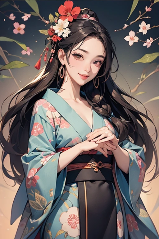 A beautiful woman smiles and shows her upper white teeth、Vividly colored Japanese Ukiyo-e style illustrations、SeaArt creates stunning illustrations of beautiful women in kimono、Brown-black long hair、Beautiful full body style、Beautiful digital illustrations、Beautiful digital painting, Bright vibrant anime art, Detailed digital anime art,  Beautiful anime portraits