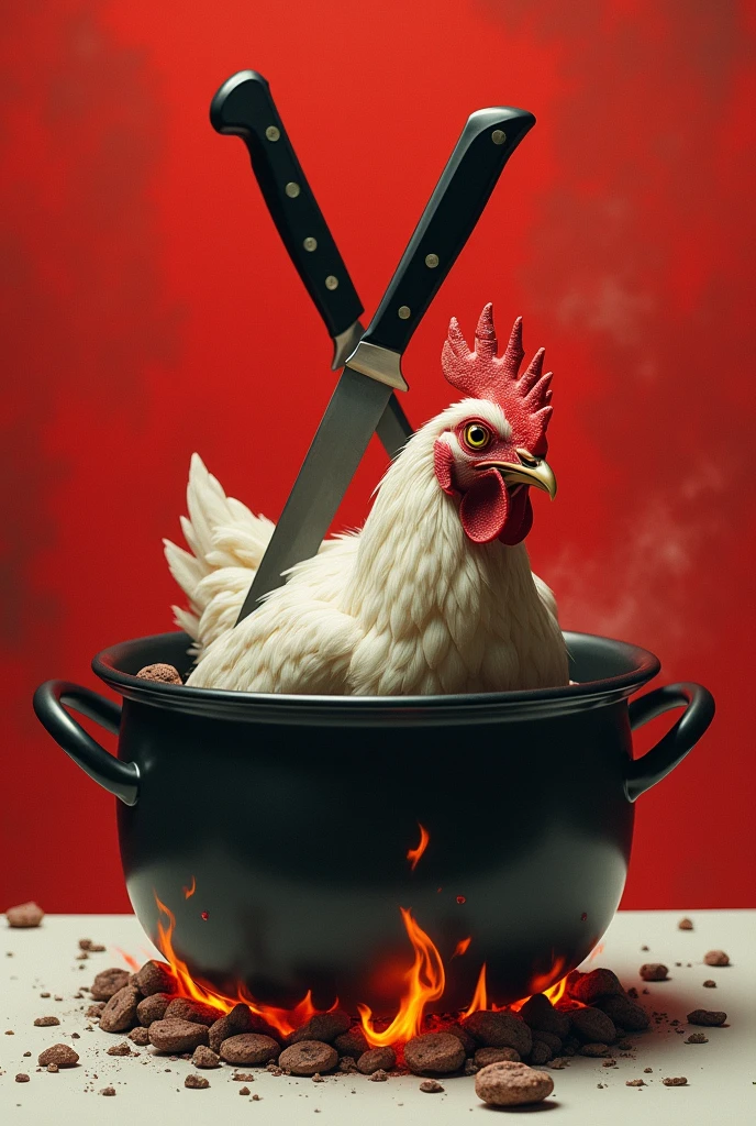 A red and white background, a pot with a fire underneath and a live chicken inside the pot, a crossed two knifes on the top