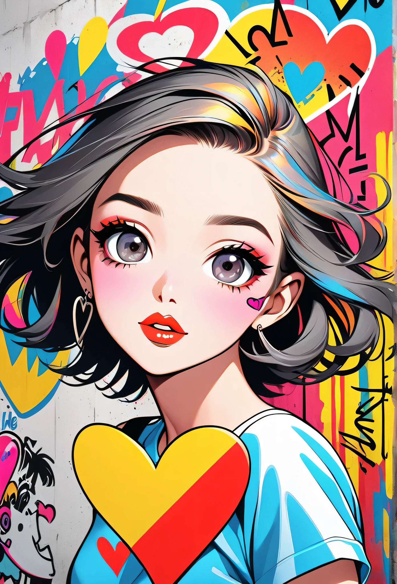 Ultra-realism Keith Haring colorful style, Simple Line Initialism,Abstract art,(((The most beautiful girl of all time))), Sweet face. Lips in love, colorful hearts, stylish design, Summer beach fashion, Dark Eyes, Graffiti on the wall